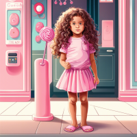 A six year old girl is standing by a clothing store with very long curly hair and a smooth light pink shirt and a short skirt jeans without socks with pink flip flops holding a lollipop in her hand