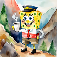 SpongeBob SquarePants dressed as a mailman drinking a cup of coffee in a mountainside scene, watercolors by 5 year old	