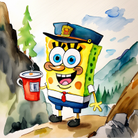 SpongeBob SquarePants dressed as a mailman drinking a cup of coffee in a mountainside scene, watercolors by 5 year old	