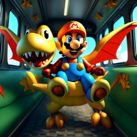 Super Mario dressed as a medieval knight riding a pterodactyl in the back of a bus, Baroque painting	