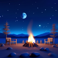A bonfire in the background of the moon and stars