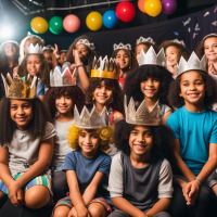 A picture of a Jumesh party with Jewish children in wigs sitting on a stage and crowns on their heads